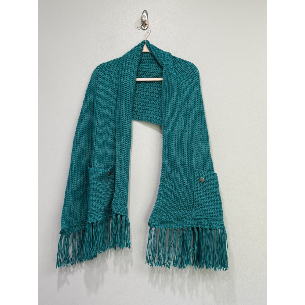 Handmade Teal Crochet Pocket Shawl Fringe Wrap Scarf Button Detail Blue Green